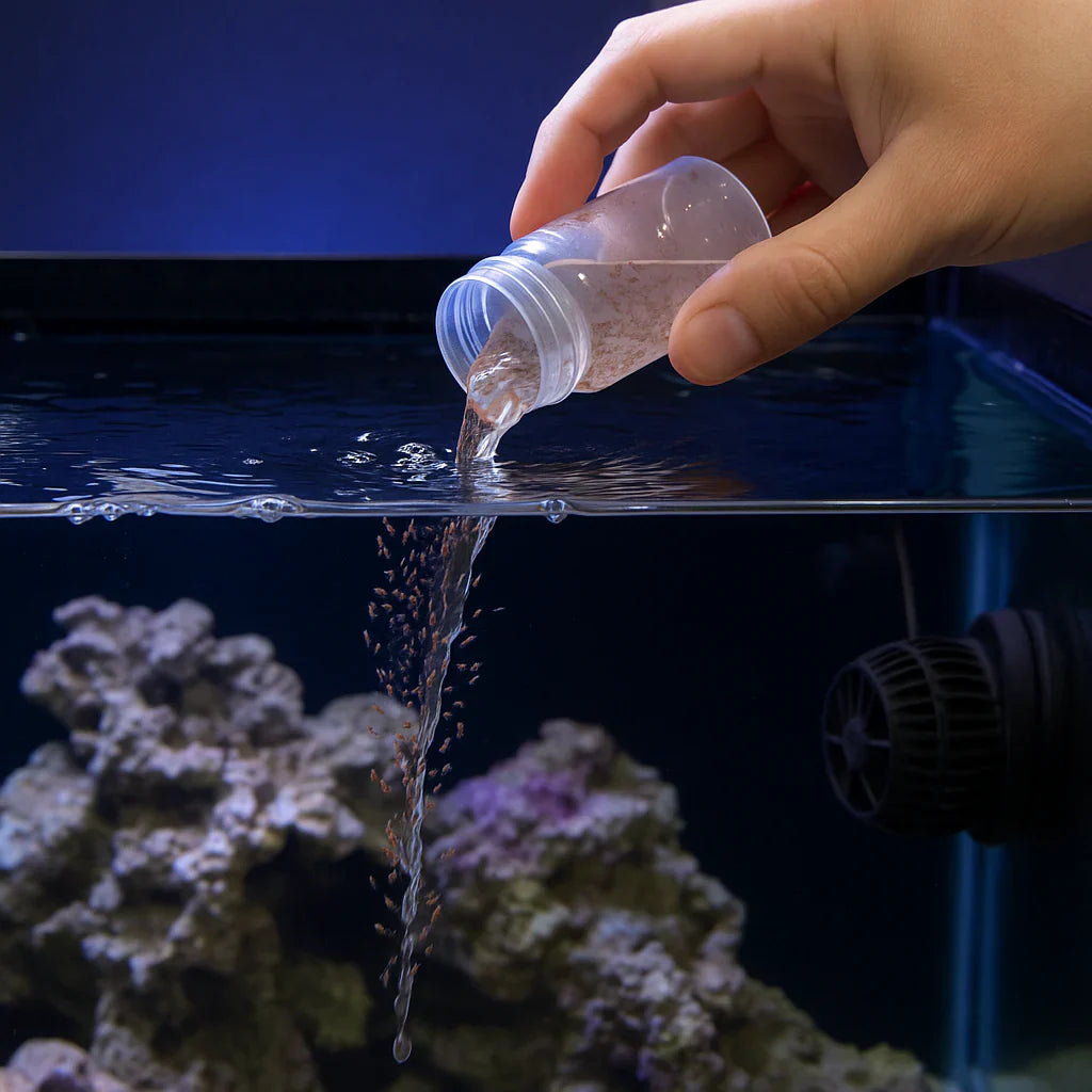 Reef-keeper pouring live copepods into a sump return chamber