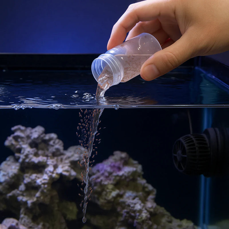 Reef-keeper pouring live copepods into a sump return chamber