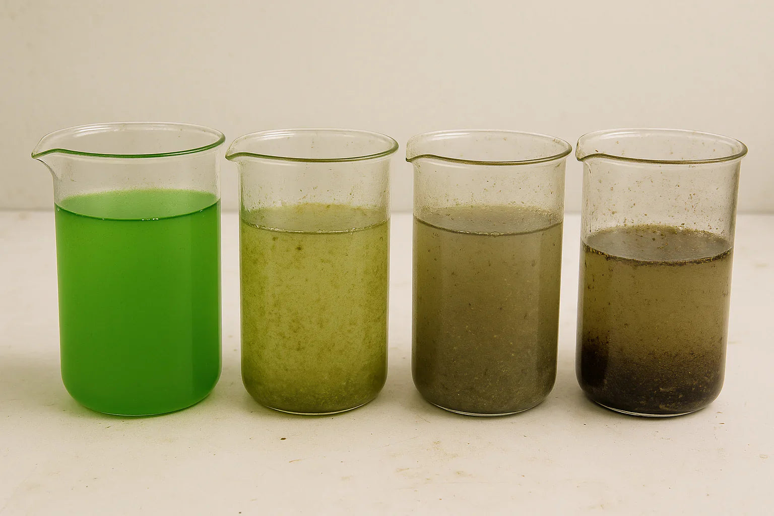 Healthy phytoplankton and zooplankton cultures in glass jars