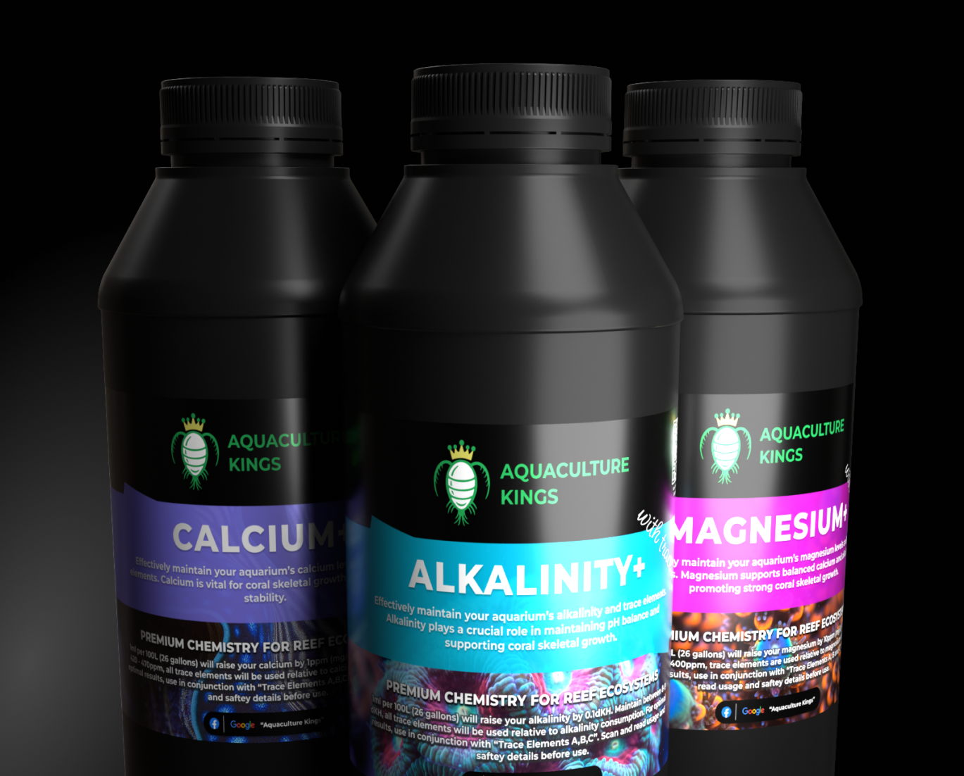 Three bottles of Aquaculture Kings products labeled Calcium+, Alkalinity+, and Magnesium+ on a dark background.